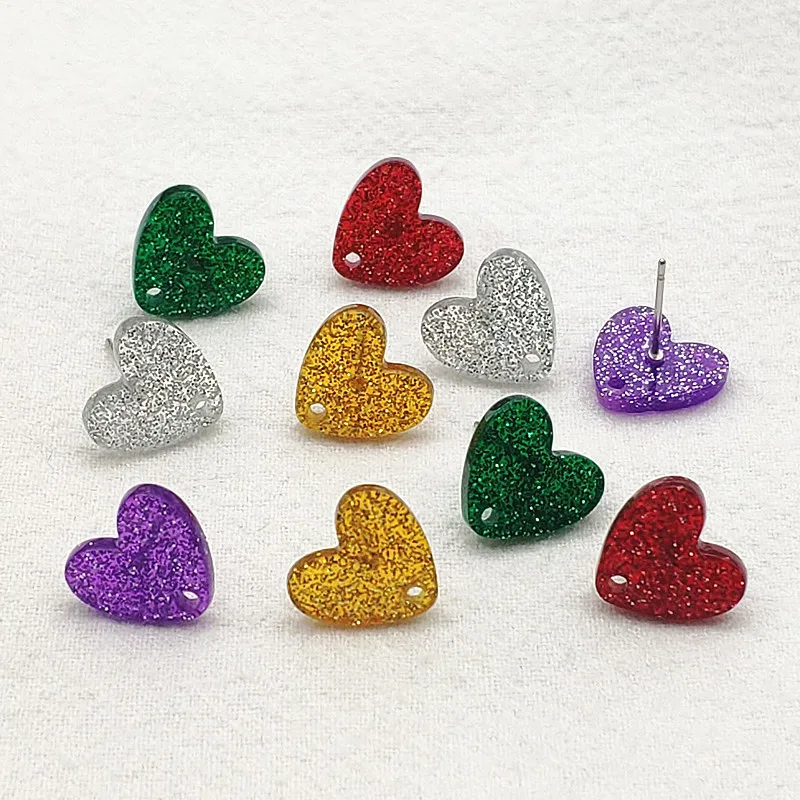 신상 아크릴 하트 모양 반짝이 컬러 귀걸이 스터드, 귀걸이 액세서리, 부품 쥬얼리 DIY 제작, 12mm, 100 개/로트