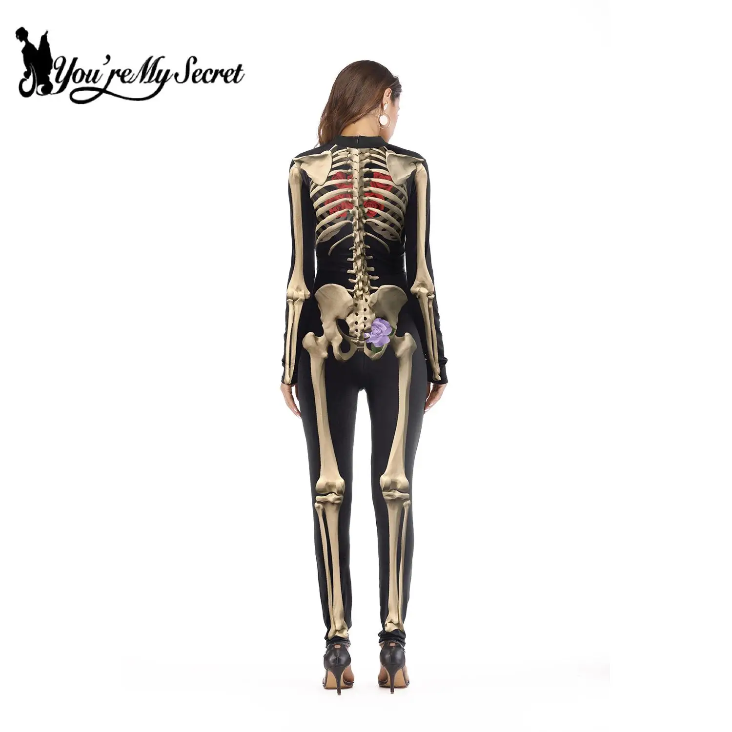 [You're My Secret] Gothic 3D Devil Ghost Skull Skeleton Rose Print Bodysuits Partywear Halloween Cosplay Customs For Women
