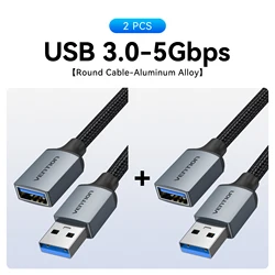 High-Speed USB Extension Cable - Male to Female Data Cord for Smart TV, PC, and SSD (Metal 5Gbps - 2pcs)
