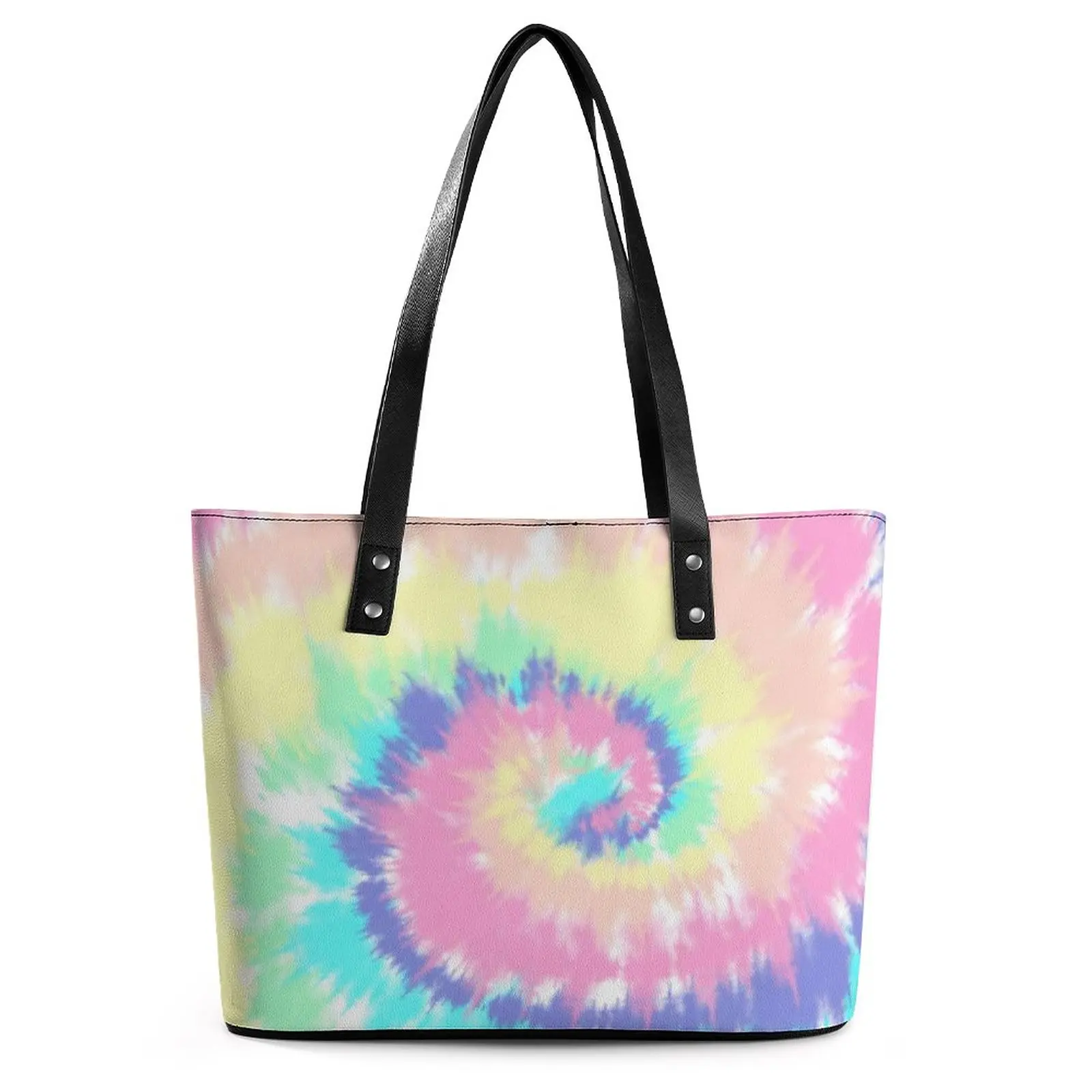 Colorful Rainbow Print Handbags Modern Tie Dye Grocery Tote Bag Student Streetwear Shoulder Bag Ziplock PU Leather Beach Bags