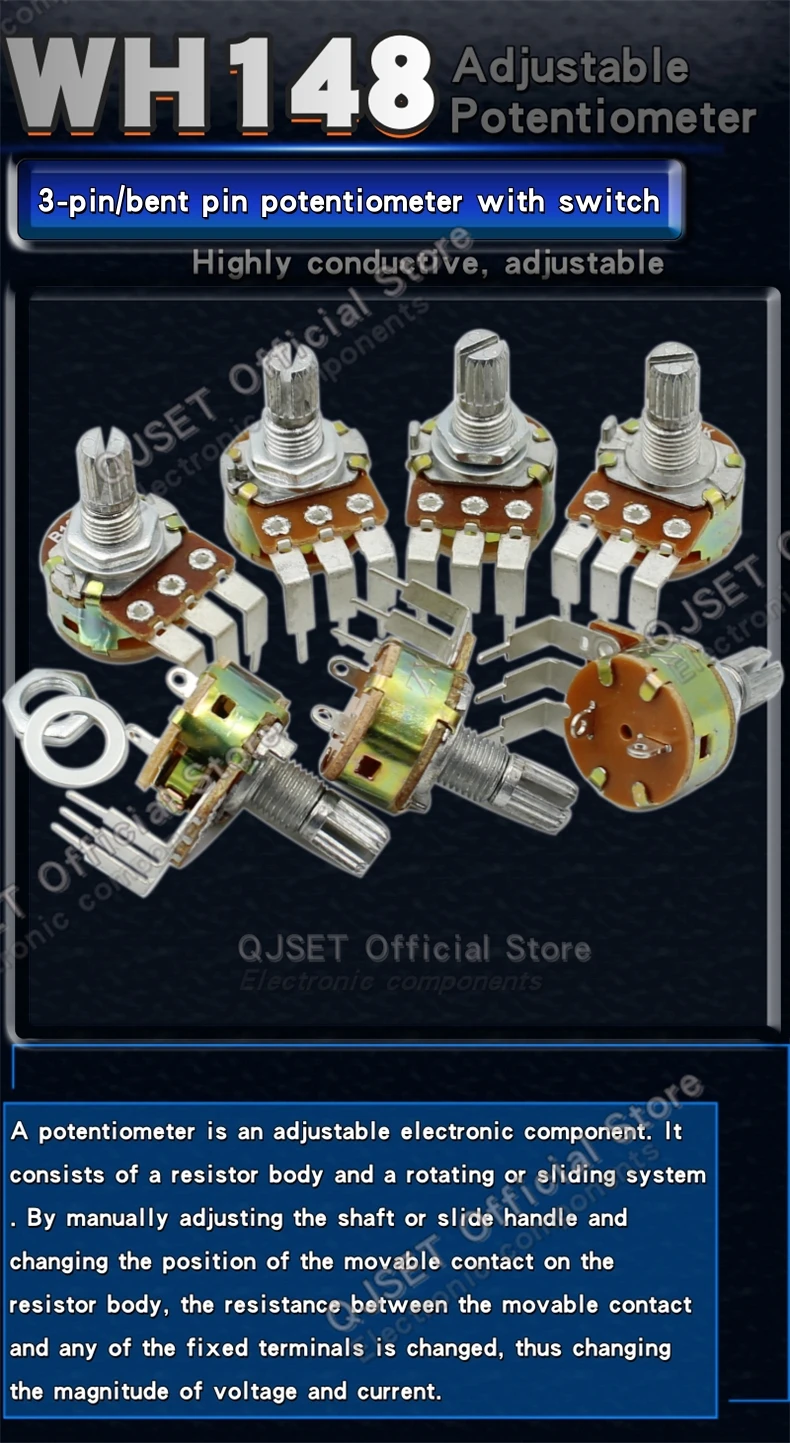 5 Stück 3-Pin Potentiometer mit gebogenen Stiften und Schalter WH148 B500K B10K B50K 5K B100K Ohm Dimmer-Schalter Potentiometer Schaftlänge 15mm – Detail 1