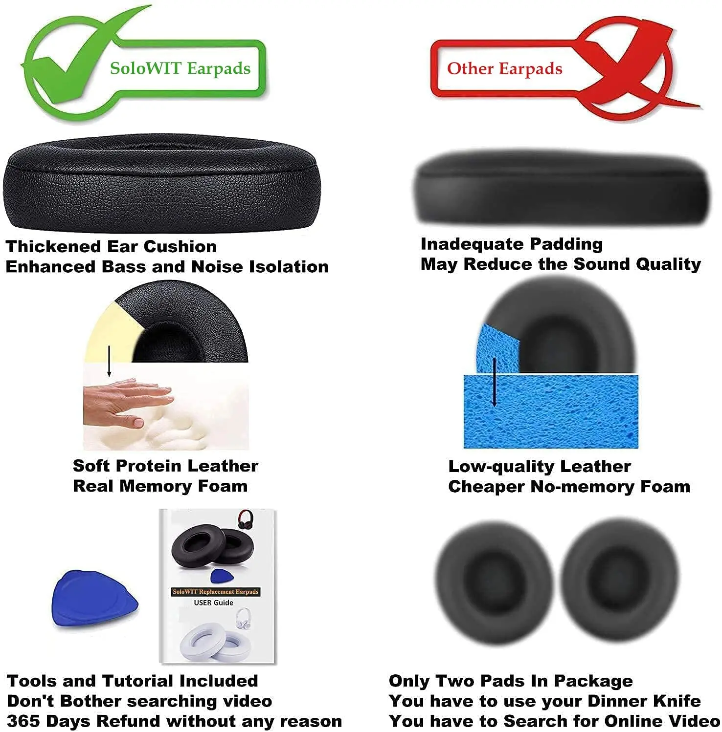 Earpads Cushions Replacement for Beats Solo 2 & Solo 3 Wireless On-Ear Headphones, Ear Pads with Soft Protein Leather