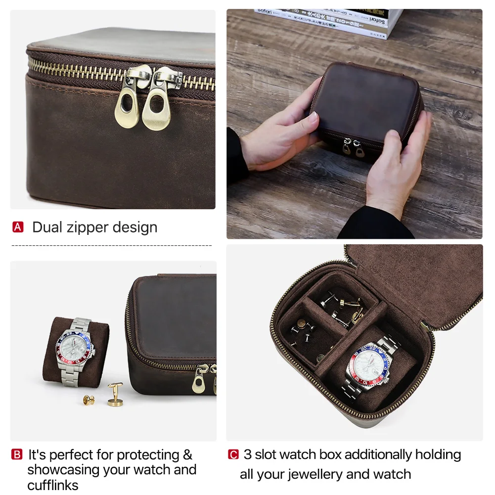 Handmade Retro Genuine Leather Jewelry Storage Watch Box Organizer Display Travel Case Holder for Men Women Ring Accessories