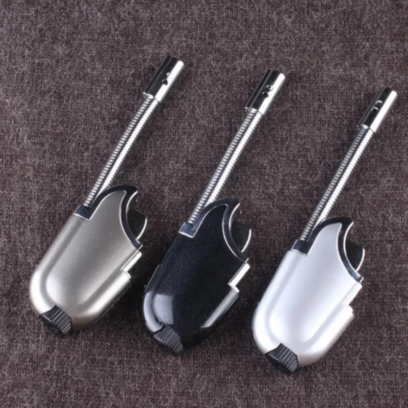Flexible Hose Windproof Jet Blue Flame Butane Gas Lighter Kitchen Outdoor BBQ Cigar Lighter With Flashlight Metal Ignition Gun