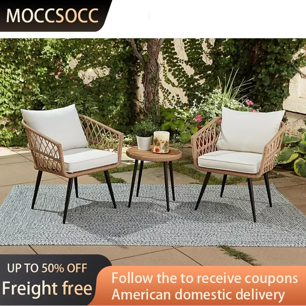 

3 Piece Chat Set Garden Chair Aluminum Frame + Tan Wicker + Linen Cushions Freight Free Garden Furniture Outdoor Terrace Game