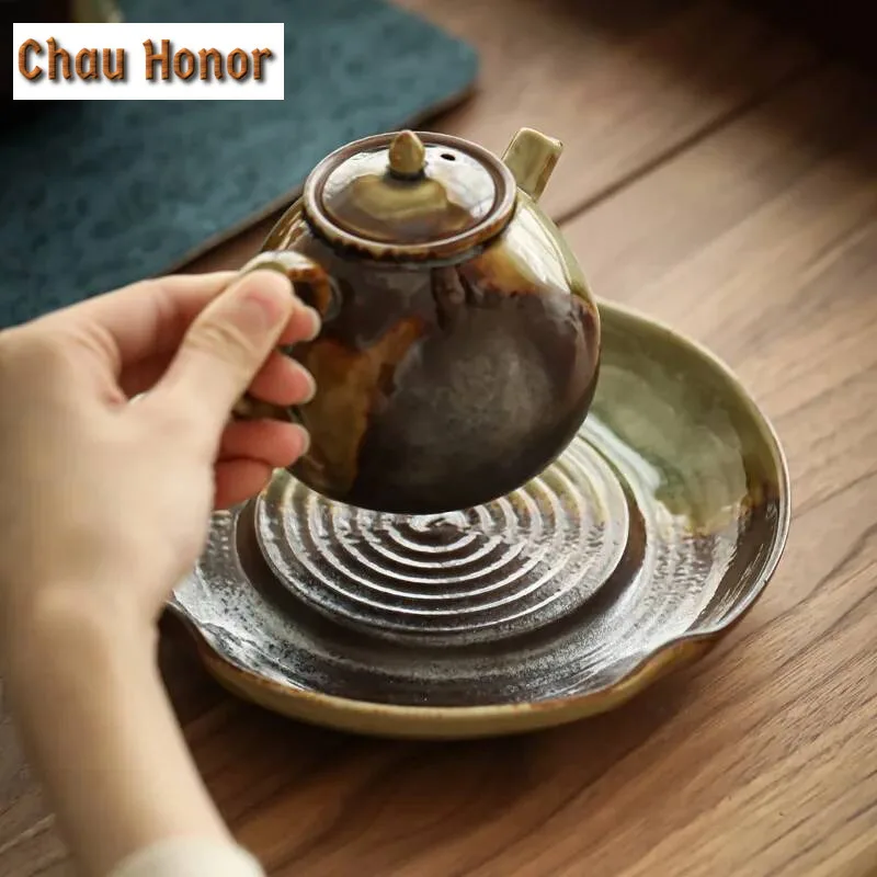 Handmade Wood Burn Pot Bearing Ice Cracked Dry Brewing Table Japanese Retro Round Ceramic Kung Fu Tea Set Water Storage Pot Tray