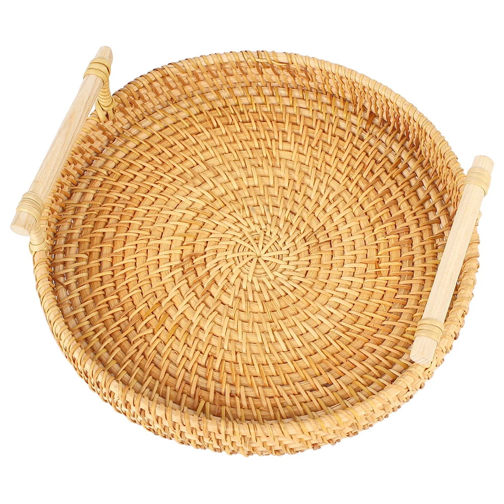 Breakfast Bread Food Plate Dinner Serving Tray Fruit Cake Wicker Basket Handwoven Rattan Storage Tray With Handle 5