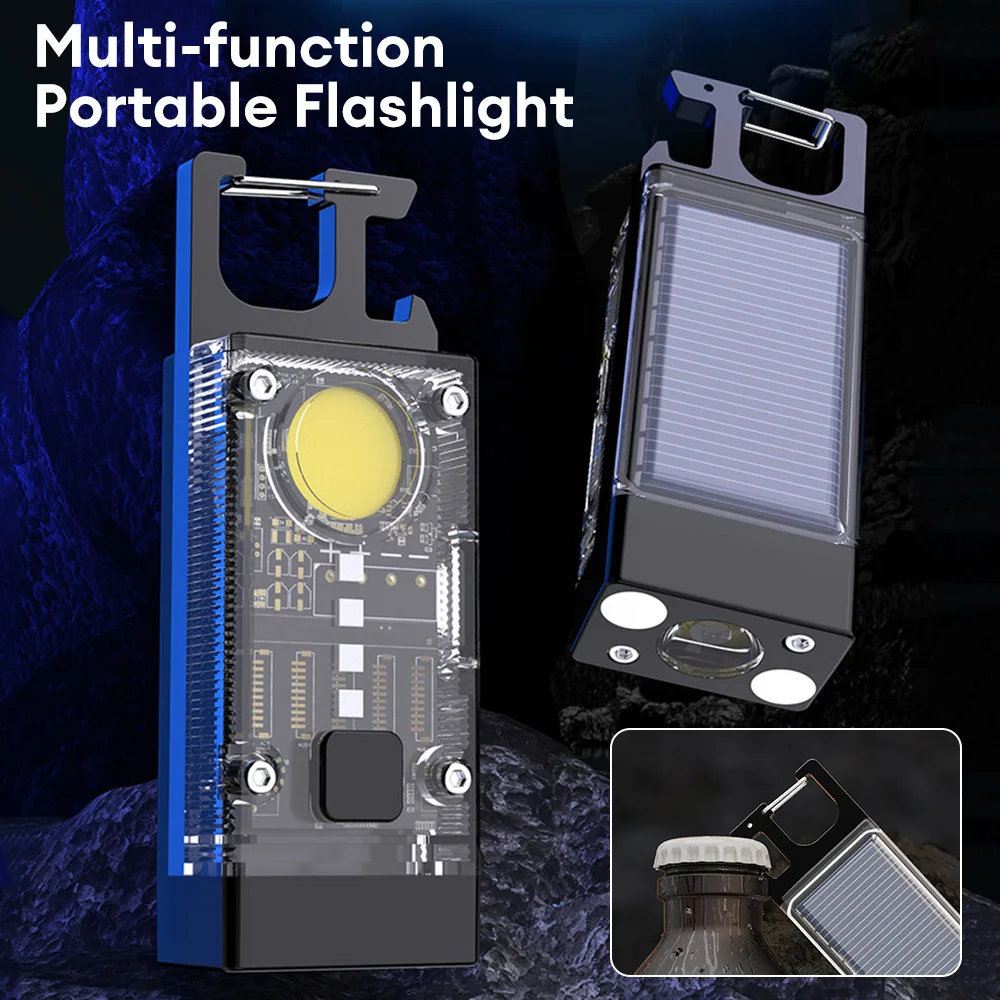 Led flashlight portable solar mini pocket keychain COB work light USB rechargeable outdoor emergency fishing camping