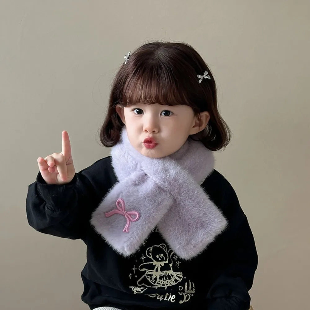 Cute Solid Color Bowknot Scarf Casual Warm Kids Plush Scarf Korean Style Windproof Children's Cross Scarves Outdoor
