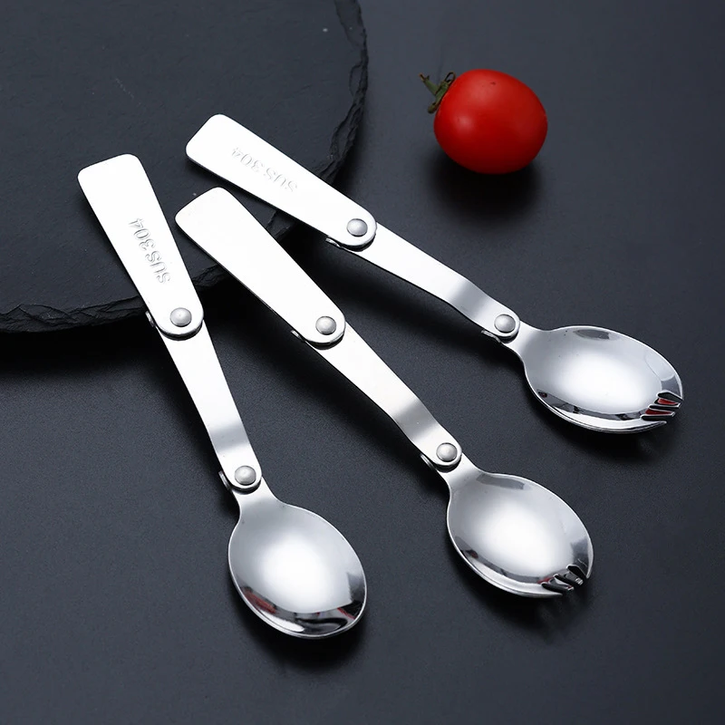 304 Stainless Steel Folding Spoon Outdoor Portable Foldable Reusable Forks Travelling Spoon Case Camping Tableware Kitchen Tools camping cutlery portable tableware portable cutlery titanium tableware