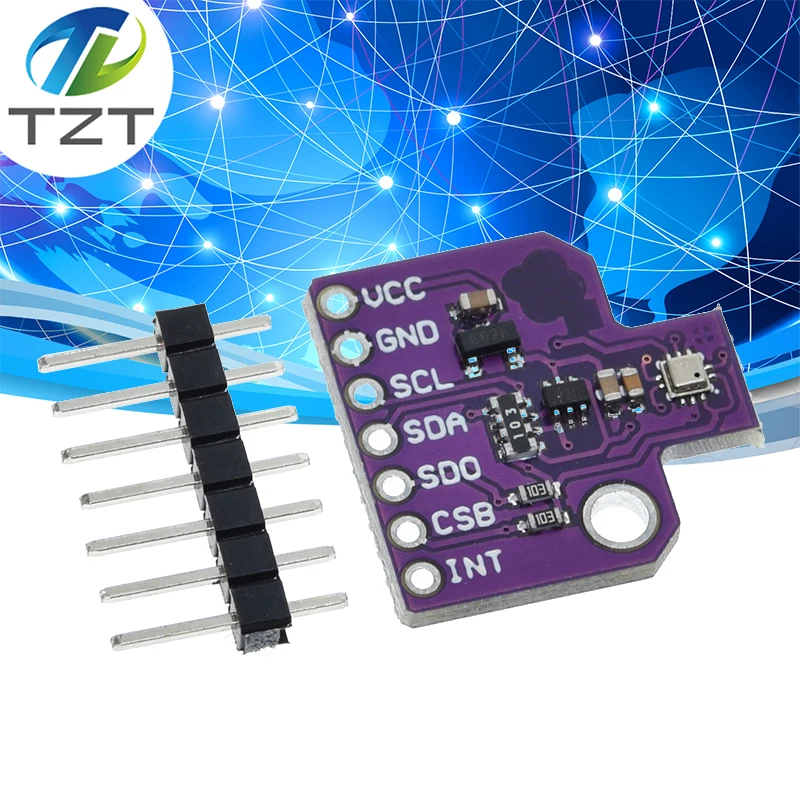 Premier plan du module BMP388L avec connecteurs I2C et composants électroniques.