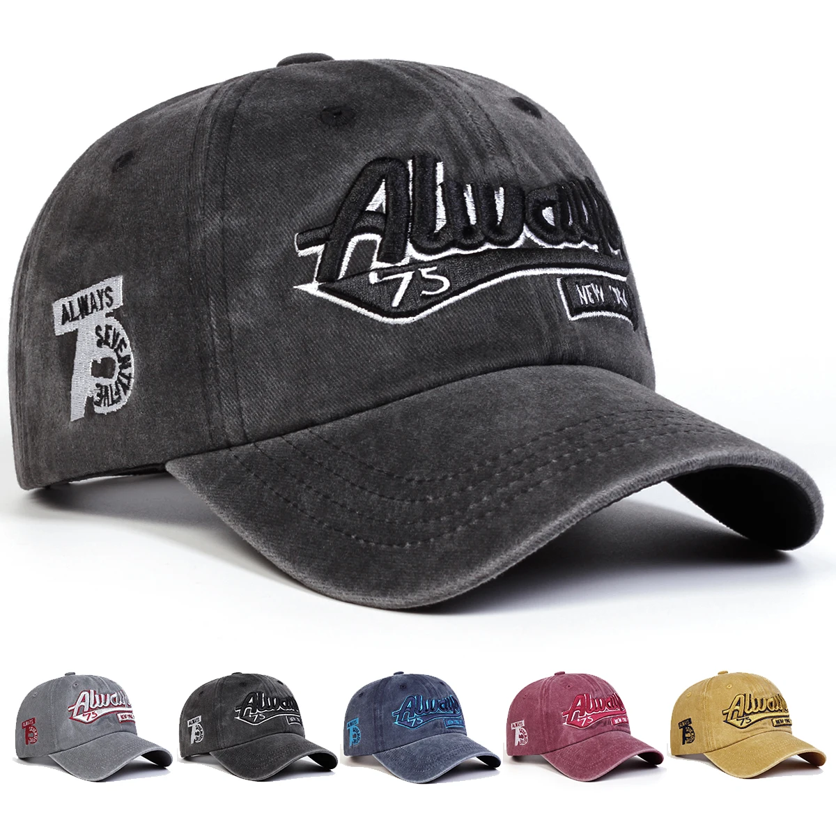 Unisex Always75 Buchstaben-Stickerei-Wasch-Baseballkappen, verstellbare Freizeithüte, Frühlings- und Herbst-Sonnenschutzhut im Freien – Detail 1
