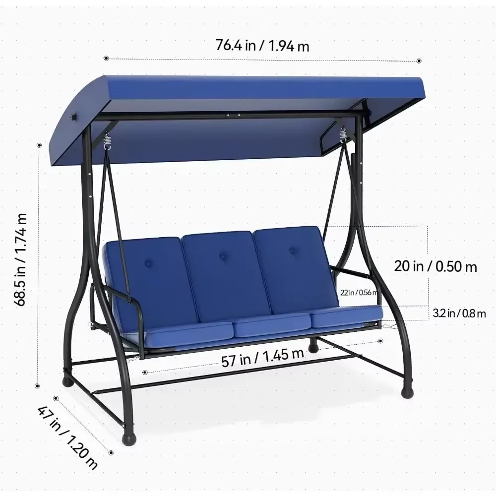 3-Seat Outdoor Porch Swing Bed with Removable Cushion, Patio Swing Chair with Adjustable Canopy,Heavy Duty Support 5