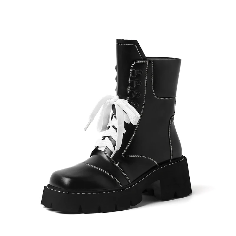 

2023 new autumn winter Women ankle boots natural leather 22-25cm cowhide+pigskin modern boots square toe lace up platform boots