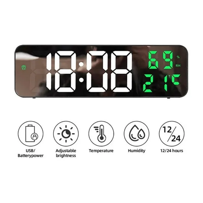 Wall Clock Led Wall Clock Large Screen Digital Mirror Adjustable Brightness Temp Humidity Date Display Alarm Clocks For Home Living Room