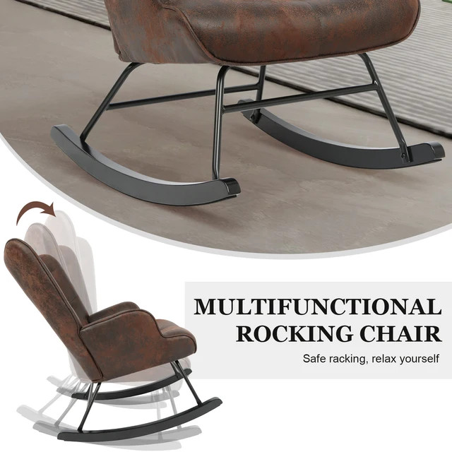 Rocker Glider Chair Modern Rocking Chair with Wooden Base High Backrest and Armrests Padded Seat Comfy Upholstered Chair 4