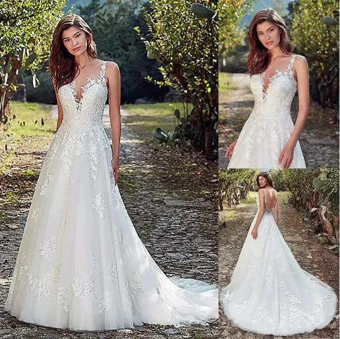 

Fascinating Tulle Jewel Neckline A-Line Wedding Dress With Lace Appliques & Beadings Open Back Bridal Gown vestidos de