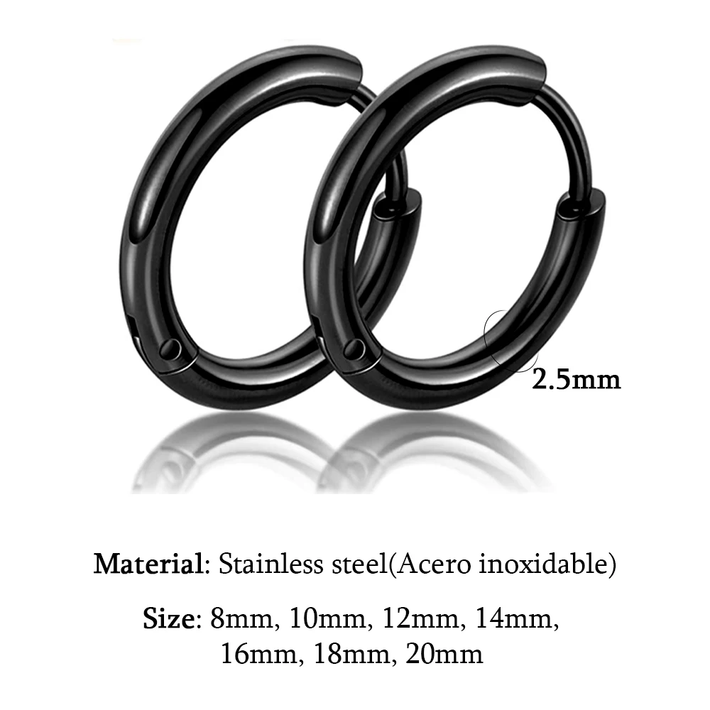 Black Hoop Earrings For Men Stainless Steel 8mm 20mm Small Punk Fashion Various Jewellery Accessories Classic Piercing Jewelry 5