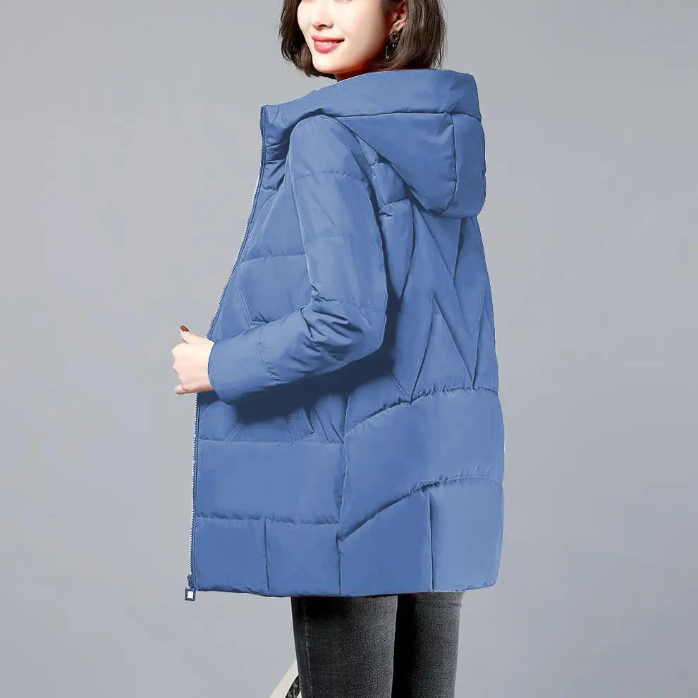 Women Casual Hooded Parkas Fall Winter Oversized Quilted Jacket Plus Size Warm Long Sleeve Cotton Padded Coat Windproof Outwear