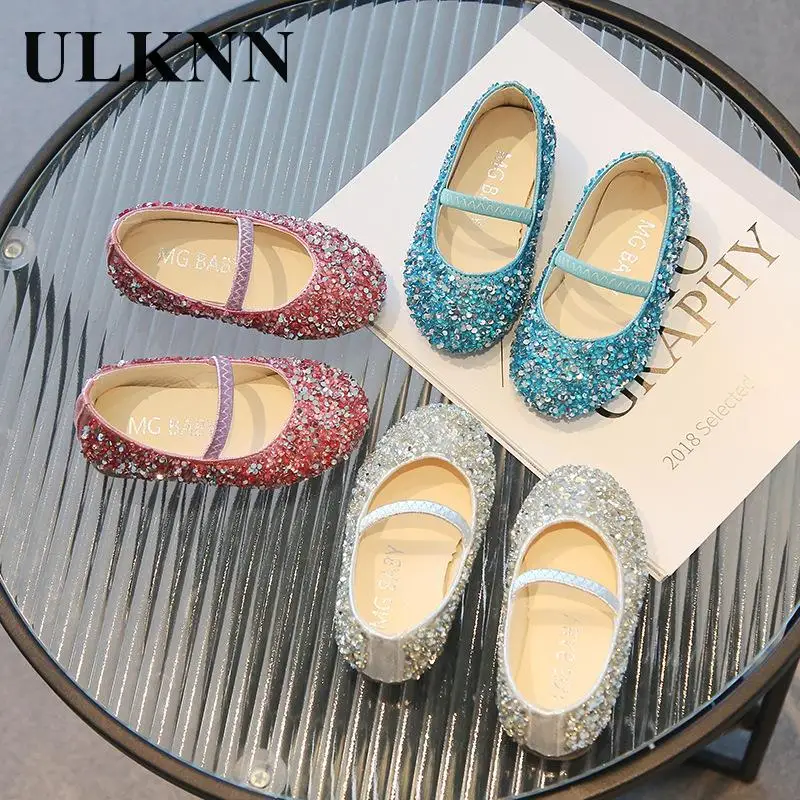 

Fashionable Princess Flats Leather Shoes Children's 2024 Spring Autumn Single Shoes Girl's Walk Show Sequin Crystal Baby Shoe