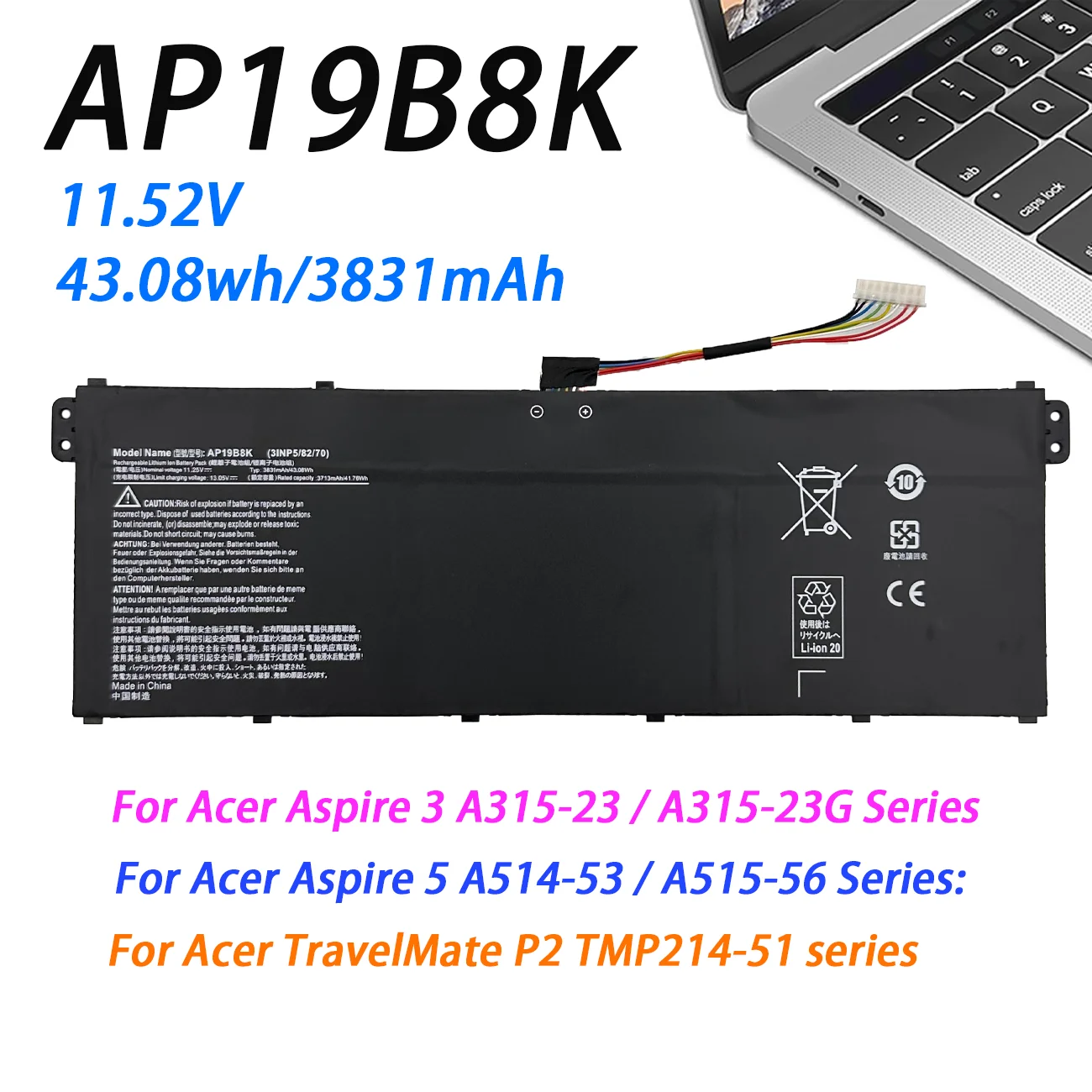K KYUER Laptop Akku Für Acer Aspire 3 - AP19B8K/AP19B5K Ersatzakku 43.08Wh