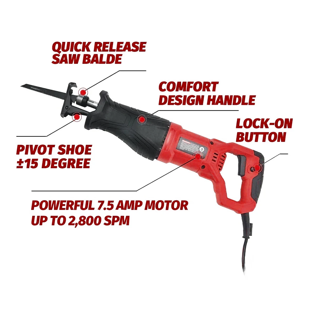 7.5A Reciprocating Saw 2800SPM No-load Speed Corded Electric Hand with 5 Blades for Cutting Wood Metal
