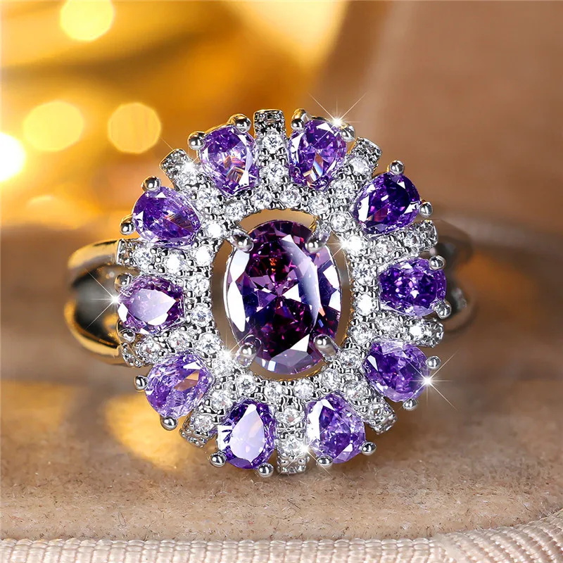 Charm Female Purple Zircon Stone Engagement Ring Silver Color Wedding Jewelry For Women