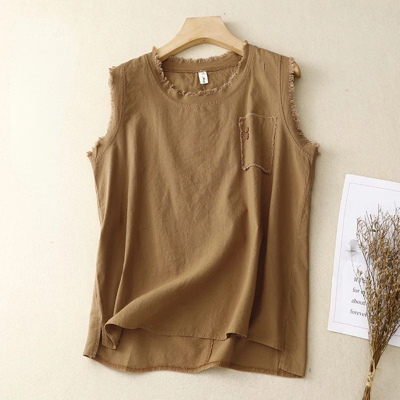 Loose Sleeveless T-shirt Linen O-Neck Burr Edge Design Fashion Tanks & Camis Casual Versatile Army Green Tank Top Summer 2024