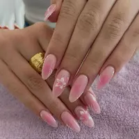 Faux ongles de Style français rose, fleur blanche imprimée, tête carrée courte, à pression, simples, portables, artificiels, Art, 24 pièces 2
