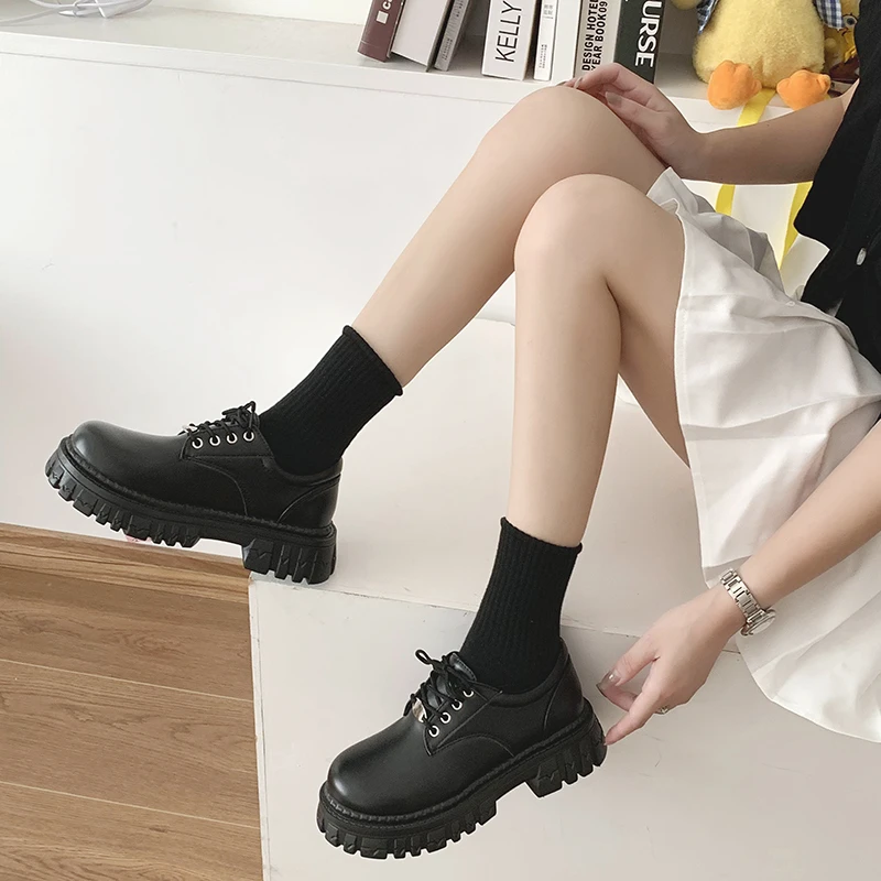 Rimocy Classic Black Platform Oxford Shoes for Women Spring Autumn Casual Lace Up Flats Woman Fashion Non-slip PU Leather Shoes