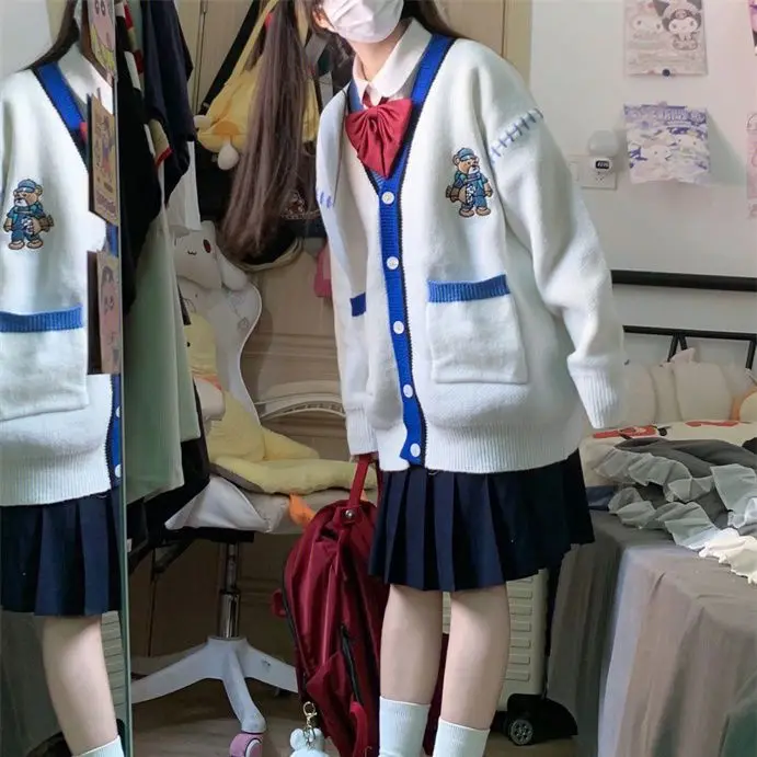홍콩 스타일 레트로 레이지 베어 자수 대비 컬러 포켓 스웨터, 한국 버전, 여성 가을 겨울 니트 가디건