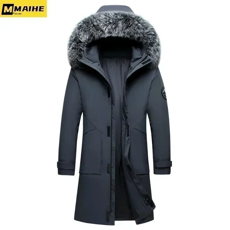 2025 Winter Long Down Jacket For Men's Brand Casual Fur Collar Hooded White Duck Down Warm Coat For Men's Clothing Winter Jacket