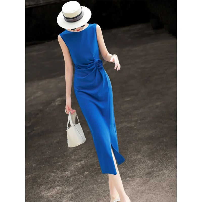MEXCOCO 2026 New Spring Summer French Elegant Sleeveless Midi Dress 3D Floral Ruched Split Formal Bodycon Party Long Dress 1