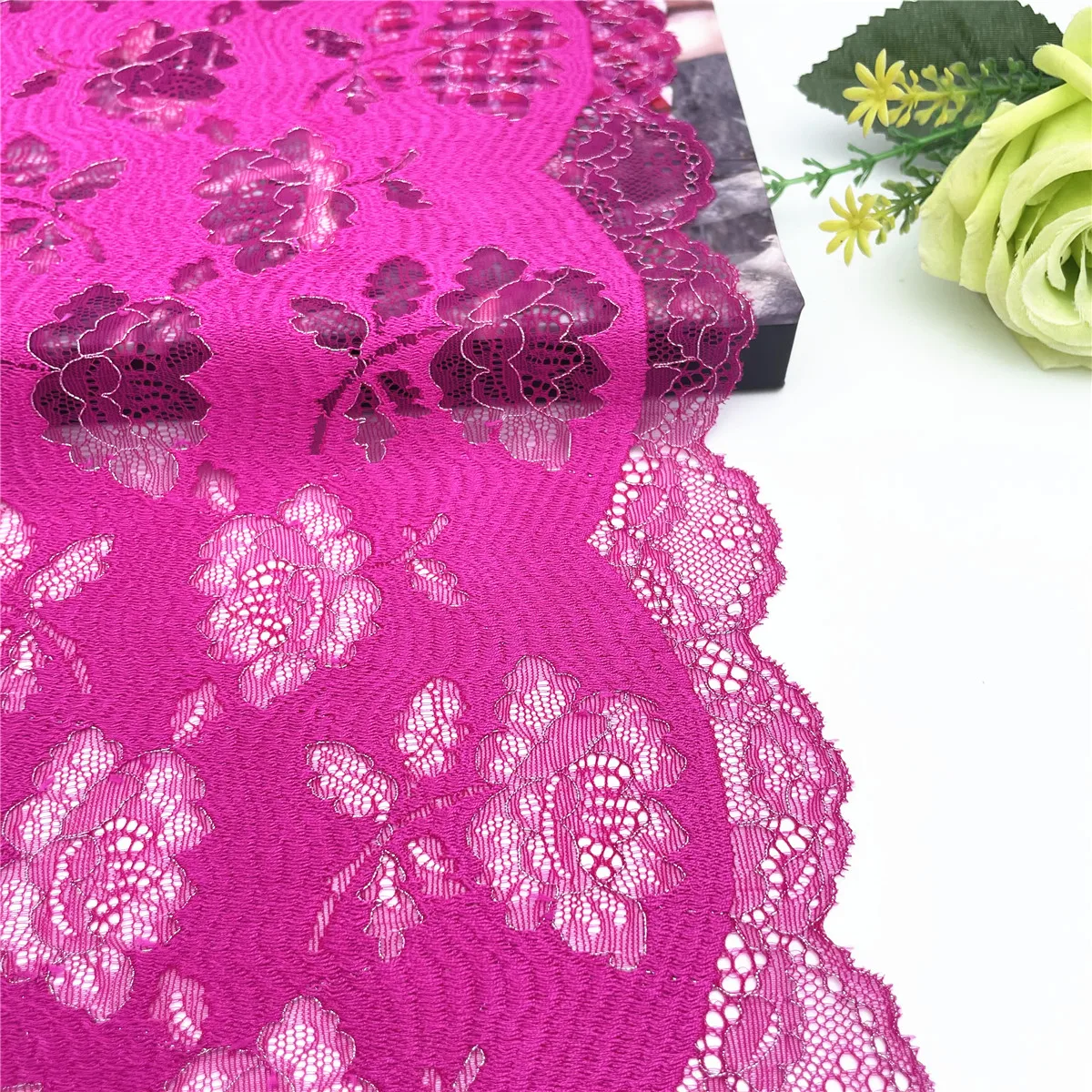 3y/lot Width 22.50cm Fuchsia Silver Elastic Stretch Lace Trims 3