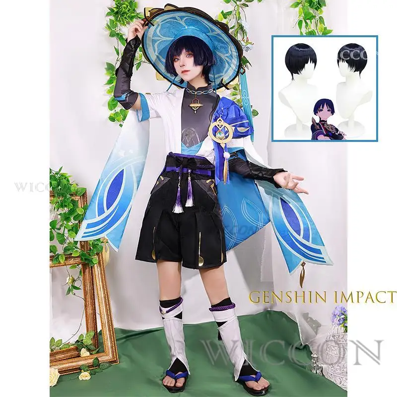 

Genshin Impact Scaramouche Wanderer Cosplay Costume Halloween Balladeer Kunikuzushi Bucket Hat Costume Wig Cos Sumeru Anemo Suit