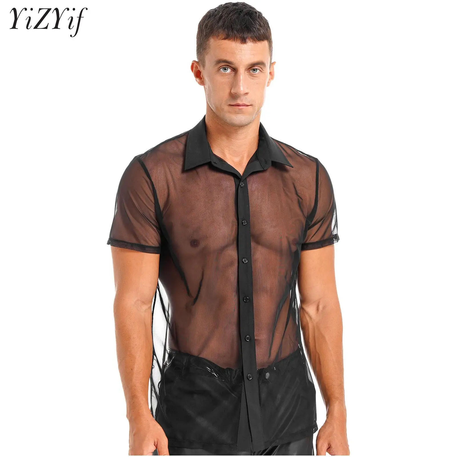 

Men's See-Through Mesh Shirt Short Sleeve Lapel Single Breasted Sheer Tops Club Party Music Festival Pole Dancing Clubwear