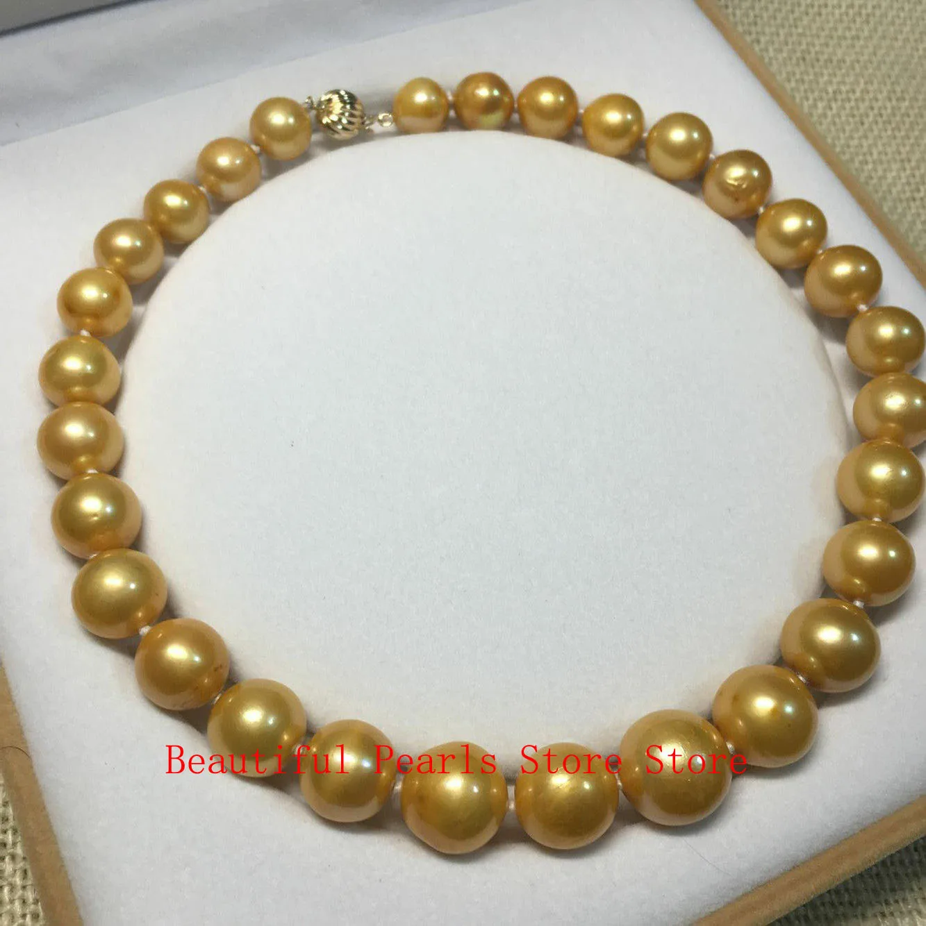 

Natural AAAAA++ 11-14mm Round South Sea Gold Pearl Necklace 18inch 14K Buckle Classic high-end gift box