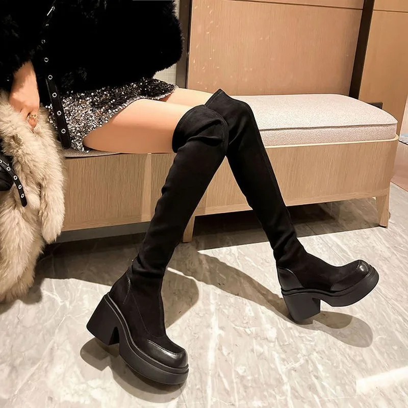 Chunky Heel Women & Girls Stretch Long Boots Fashion Female Antiskid Soft Leather Shoes Over-The-Knee Rising Boots Size 35-40
