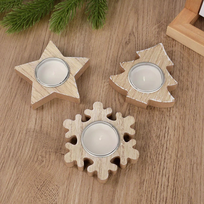 

Christmas Wooden Candlestick Christmas Tree Snowflake Shape Candle Holder For Home Navidad New Year Decorations Table Ornaments