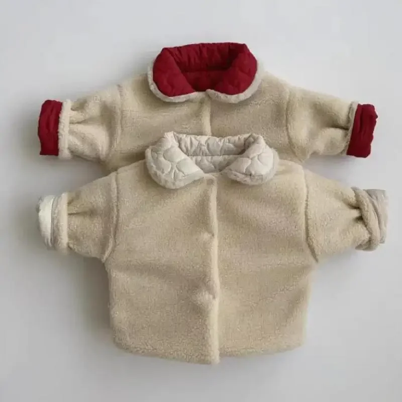 Autumn Winter Ins Children Plus Velvet Thicken Cotton Coat Girl Baby Fashion Solid Lapel Tops Kid Boy Fleece Warm Casual Jacket
