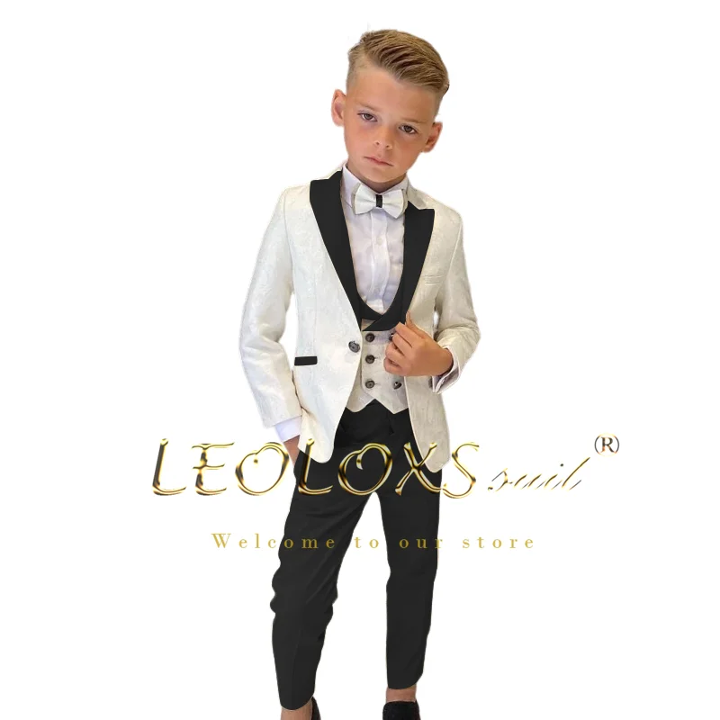 Boys' Floral Jacquard Wedding Tuxedo 3 Piece Set Double Breasted Vest Blazer and Trousers Children's Suit Set boys formal suit set