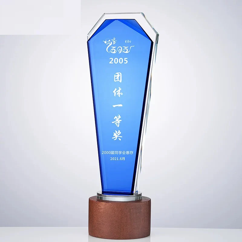 Customized Walnut Base Blue Crystal Trophy, Creative Event Award Collection, Excellent Souvenir, Home Decoration High Grade, 1Pc