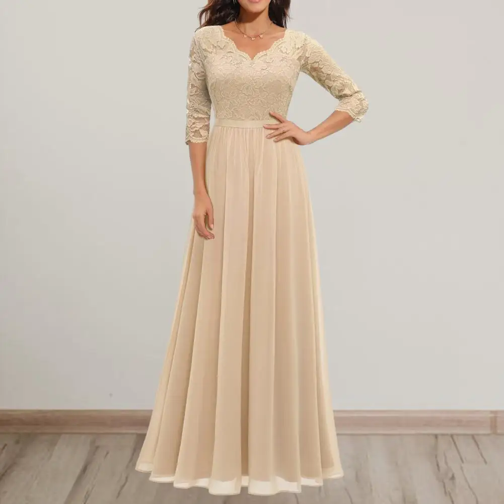 

Women Lace Dress 3/4 Sleeve Gown Dress Elegant Women's V-neck Lace Maxi Dress Crochet Mesh Stitching High Waist A-line Gown