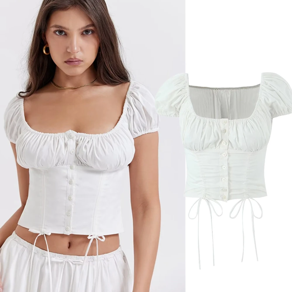 

Dave&Di French Elegant Fashion Blogger hort Sexy Shirt White Drawstring Pure Cotton Retro Square Collar Top Women