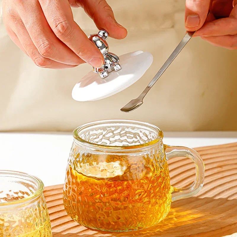 Hammer Pattern Glass Cup with Bear Lid Spoon Coffee Cup Juice Glass Mug Hand Handle Tea Household Office Drinking