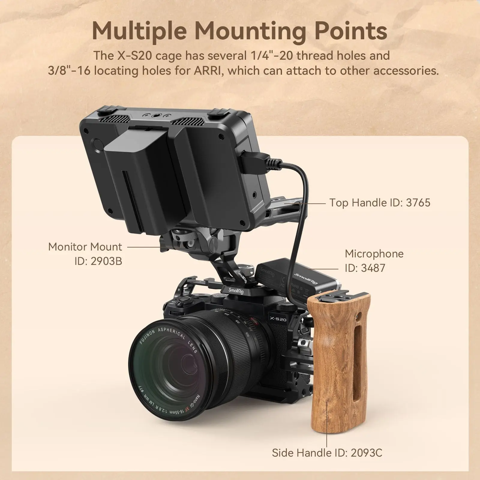 스몰리그 후지필름 X-S20 카메라 케이지, Arca Swiss 퀵 릴리스 플레이트, DJI RS 3 / RS 3 프로 짐벌, 콜드 슈 4230