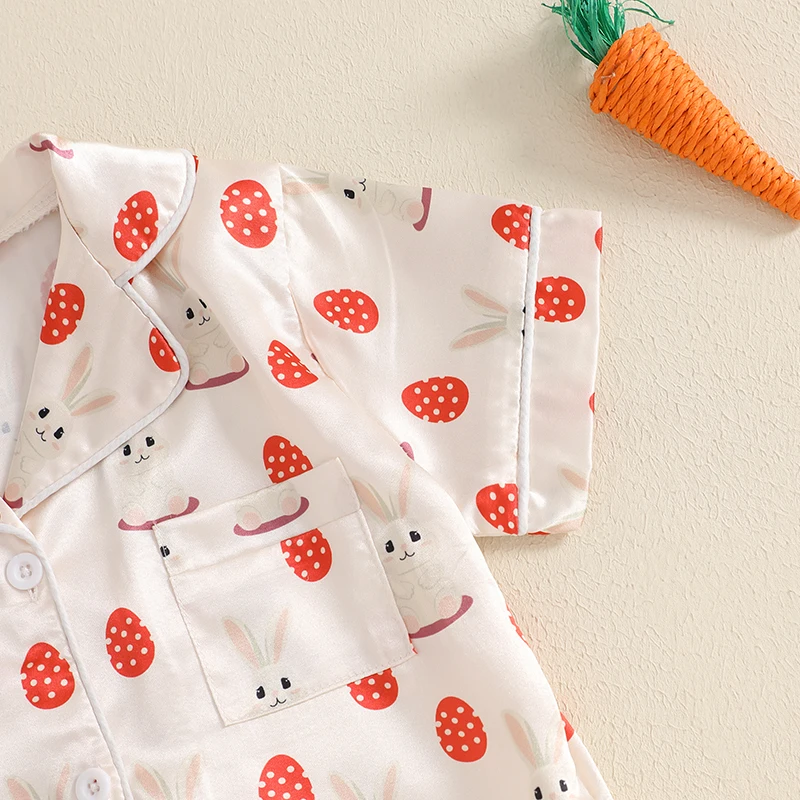 Adorable Toddler Easter Pajama Set with Bunny and Chick Print Short Sleeve Button-up Tops and Long Pants 2 Piece Sleepwear 5