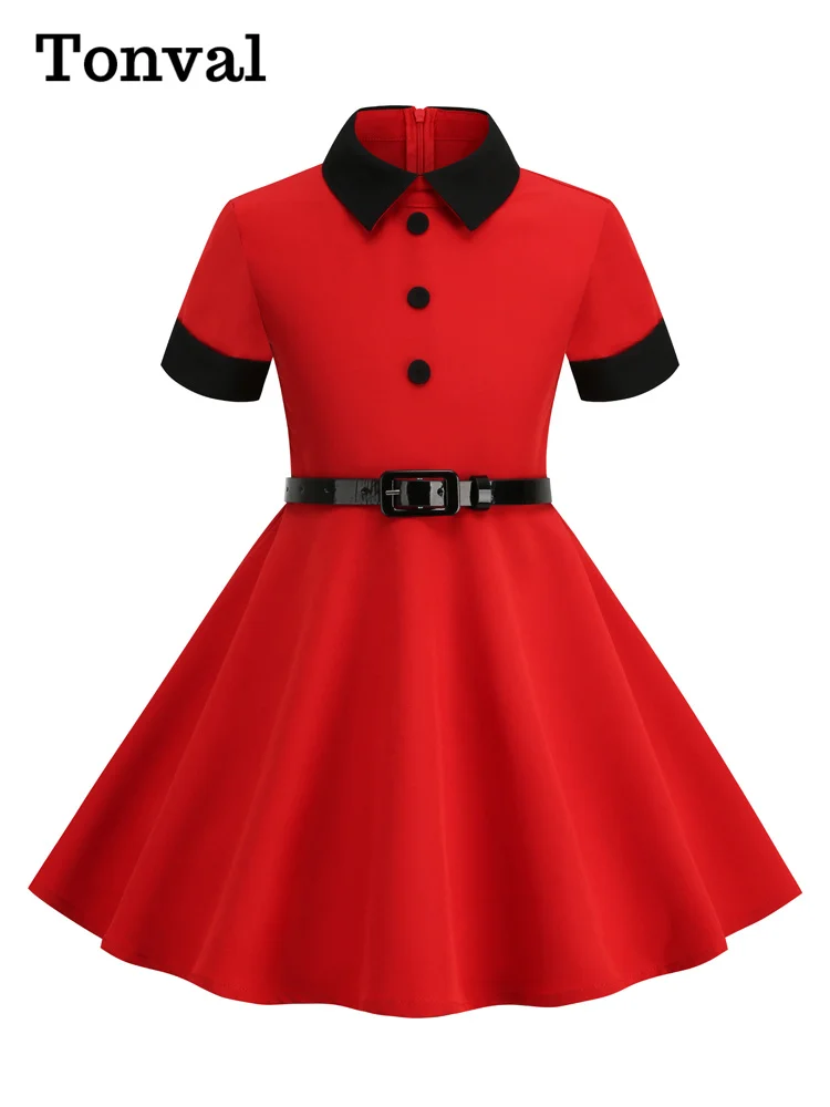 Tonval Turn Down Collar Button Front Vintage Childrenswear Short Sleeve Belted A-Line Kids Bridesmaid Dresses for Girls 3