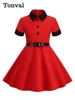 Tonval Turn Down Collar Button Front Vintage Childrenswear Short Sleeve Belted A-Line Kids Bridesmaid Dresses for Girls 3