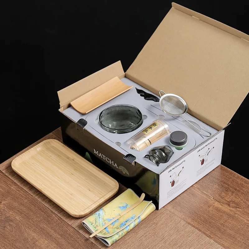 BespritGift Hot Selling Modern Style 10 Pieces Tea Whisk Set Glass Bowl Bamboo Chasen Matcha Tool Set Gift Box for Tea Drinking